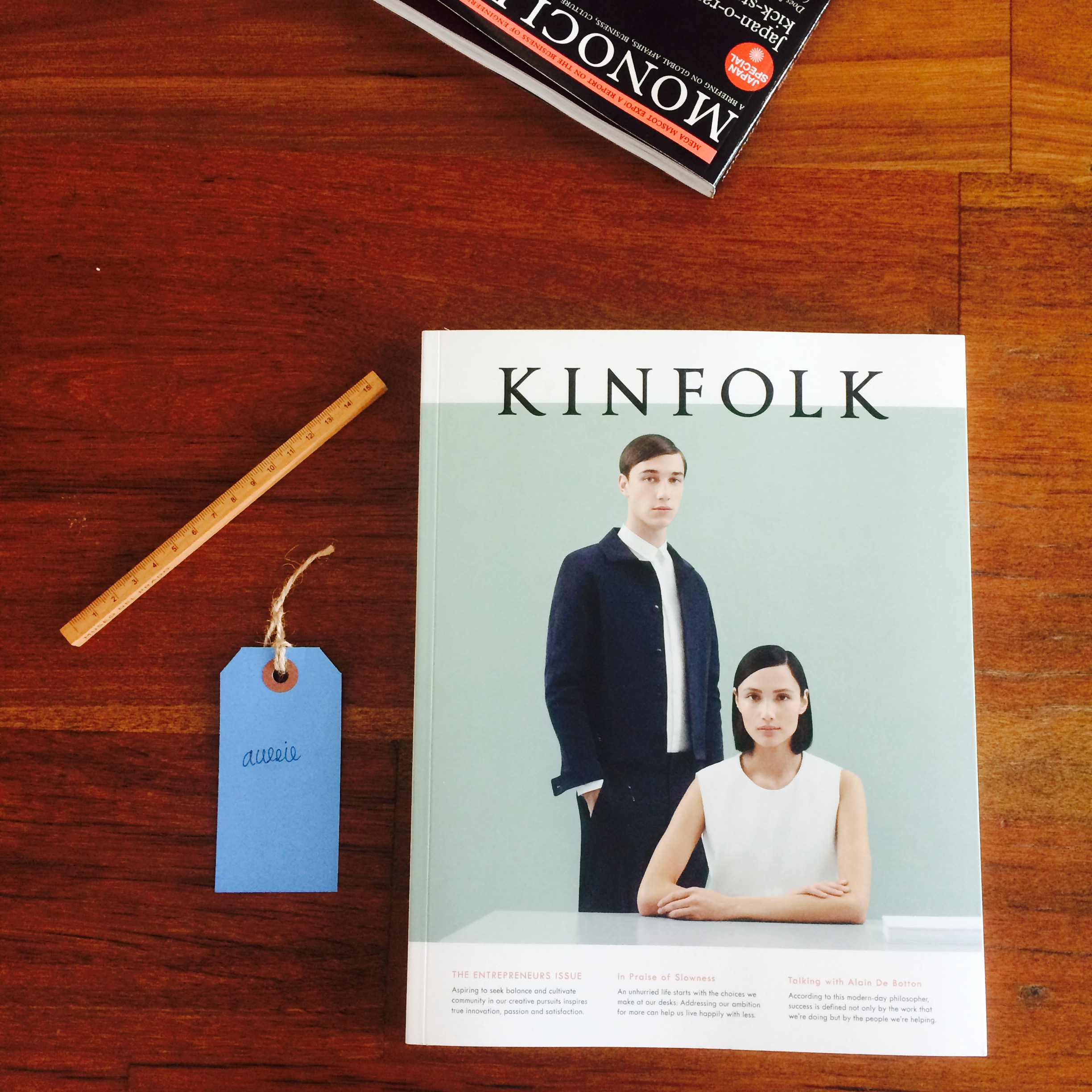 A few recent purchases and a gift: Monocle and Kinfolk magazines and a ruler from the Prado museum in Spain from a friend.